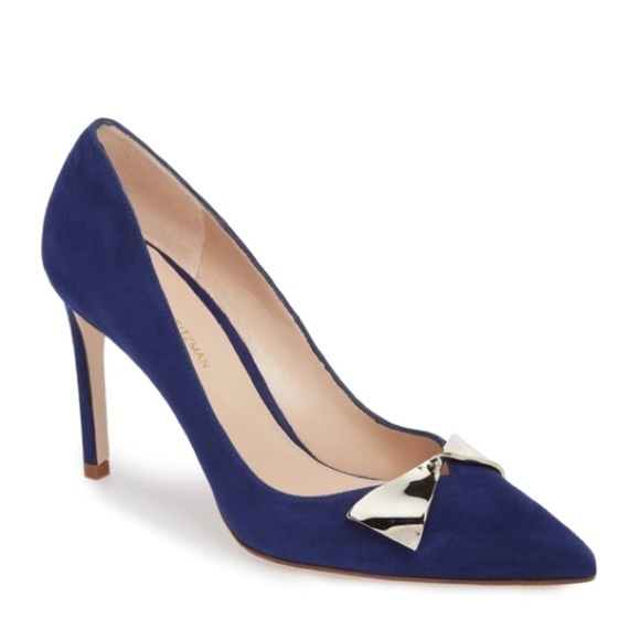 Stuart Weitzman Stanton 90 Pump Heel Sapphire Blue Suede Point Toe Metal Bow 10 - Picture 1 of 14